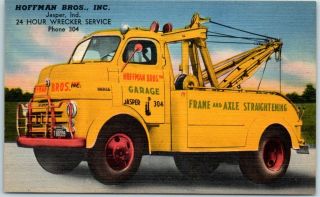 Jasper,  Indiana Ad Postcard Jasper Bros.  Tow Truck Wrecker Dodge Plymouth Linen