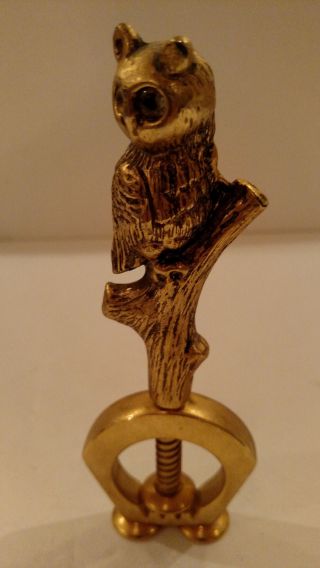 Vintage Brass Nutcracker Owl Perched On Limb With Glass Eyes