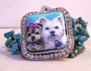 Hand Painted Yorkie And Westie Turquoise Beaded Bracelet Dog Gift