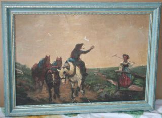 Antique French Impressionism Oil Painting Horse Rider Saying Hello To My Lady