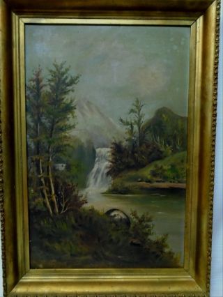 Victorian Gilt Framed Signed Oil Painting Waterfalls River Home In The Mountain
