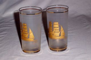 Vintage Barware Culver Frosted 22k - Gold Clipper Ship 5.  5 " Pair Glasses