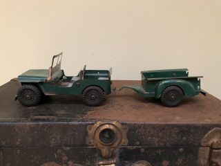 Vintage Pressed Steel Marx Willys Army Jeep And Trailer 
