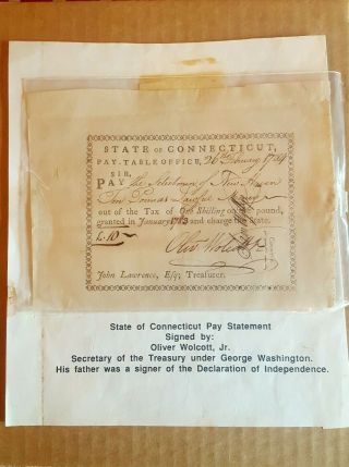 Oliver Wolcott Jr.  Signed Pay Statement 1784 Sec.  Treasury Under Washington