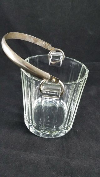 Vintage Mid Century Clear Glass Ice Bucket With Metal Silver Plated Bail Handle