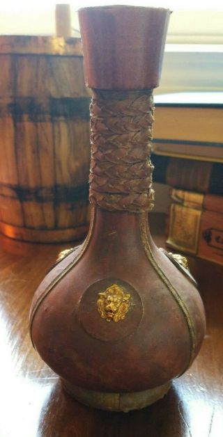 Vintage Leather Covered Glass Decanter Bottle Lion And Stopper