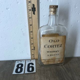 Old Cortez Whisky Pint Whiskey Bottle Paper Label Cork Top Glenmore Dist Vintage