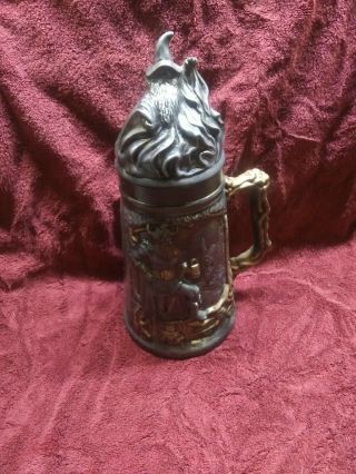 1993 Lor Ceramic Stein With Lid Decorated With Vikings,  Dragons And Wizards