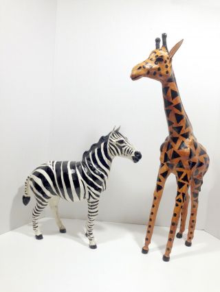 12 " Zebra & 21 " Giraffe Vintage Leather Animal Pair Figures Statues