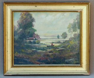 Joseph Jos Sloman Antique Oil Painting American B 1883 Landscape Man In Row Boat