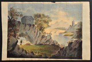 Antique 1805 American Folk Art Watercolor Painting Sarah Foster.  Pa Hudson River