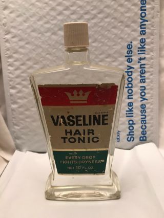 Vintage Vaseline Hair Tonic 10 Oz.  Glass Bottle Barber Shop Advertising Deco Full