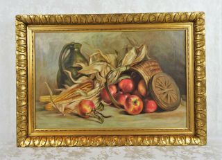 Antique 19th Century Still Life Oil Painting Of Corn Apples Cornucopia Autumn