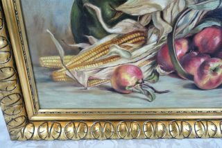Antique 19th Century Still Life Oil Painting of Corn Apples Cornucopia Autumn 3