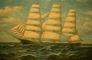 J Clark Sail Ship American Schooner Clipper Boat Seascape Oil Painting