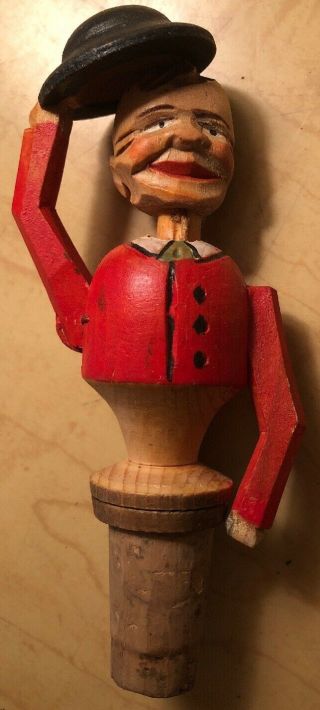 Vintage Hand Carved Mechanical Bottle Stopper Wine Cork Arm Moves Tip Hat Hello
