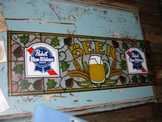 Vtg Pabst Blue Ribbon Beer Sign Faux Stained Glass Pbr 12 " X 36 "