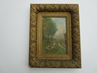Small Gem Antique 19th Century River Stream Family Picnic Old Landscape Mystery