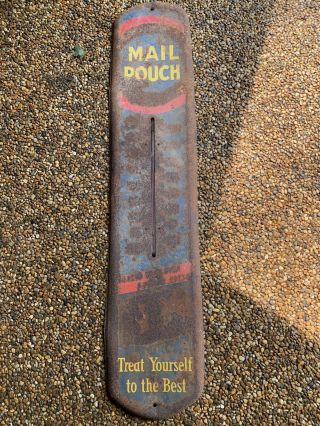 Vtg Tin Metal Mail Pouch Chew Tobacco Advertising Sign Thermometer 1946 Pouch
