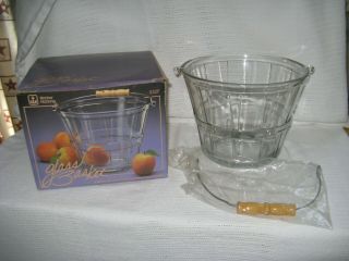 Anchor Hocking Glass Ice Bucket Pail Basket With Wood & Metal Handle In Orig Box