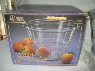ANCHOR HOCKING GLASS ICE BUCKET PAIL BASKET WITH WOOD & METAL HANDLE IN ORIG BOX 2