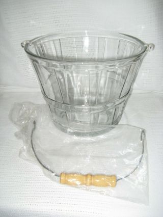 ANCHOR HOCKING GLASS ICE BUCKET PAIL BASKET WITH WOOD & METAL HANDLE IN ORIG BOX 5