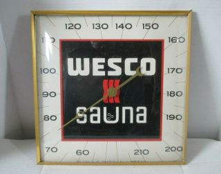 Large Vintage Wesco Sauna Advertising Glass Square Thermometer By Pam Clock Co.