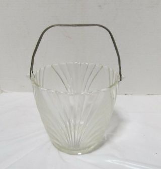 Vintage Glass Ice Bucket With Hammered Metal Handle Clear & Frosted Panels Lqqk
