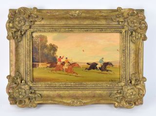 Circa 1900 Horse Racing Oil Painting On Wood Plank Jockeys & Horses By W.  Webb