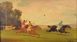 Circa 1900 Horse Racing Oil Painting on Wood Plank Jockeys & Horses by W.  Webb 2