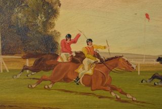 Circa 1900 Horse Racing Oil Painting on Wood Plank Jockeys & Horses by W.  Webb 3