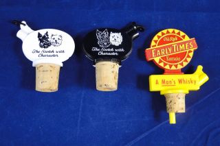 3 Vintage Early Times Whisky & Scotch Pourers Advertise Alcohol Bar Cork Stopper