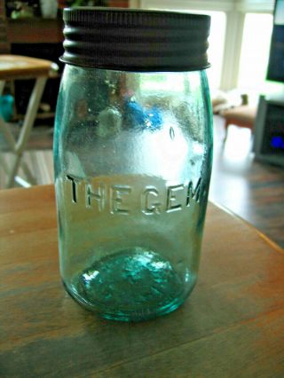 Antique 1quart " The Gem " Aqua Blue Glass Fruit Canning Jar & Lid With Zinc Ring