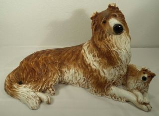Vintage Universal Statuary 20 " Collie/sheltie Dog And Puppy Made In Usa ©1980