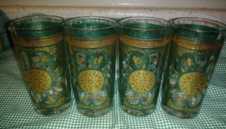 4 Mcm Continental Can Co Highball Glasses Blue Gold Sunflower Filigree Band Exc
