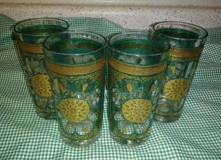 4 MCM Continental Can Co Highball Glasses Blue Gold Sunflower Filigree Band EXC 2