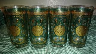 4 MCM Continental Can Co Highball Glasses Blue Gold Sunflower Filigree Band EXC 5