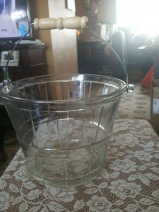 Vtg.  Anchor Hocking Glass Ice Bucket W/handle Bushel Basket Pattern