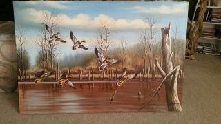 J Perrine Oil Painting Art On Canvas 24 X 36 Mallard Ducks Across Water