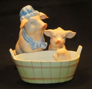 Vintage German Bisque Pigs Bathing Baby