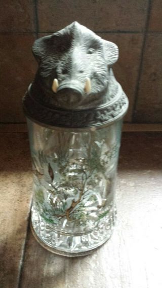 German Glass Beer Stein Wild Boar Head Tusks Detailed Decorated Lid Duck Game