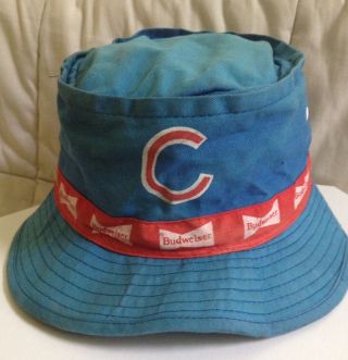 Vintage 80s Chicago Cubs Budweiser Beer Bucket Hat Logo Fishing Sun Baseball