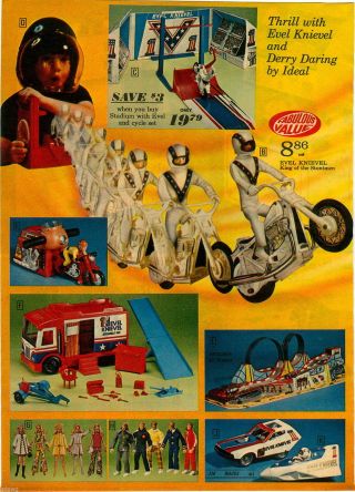 1974 Paper Ad 2 Pg Action Figures Evel Knievel Derry Daring Ideal Mighty Mo Gyro