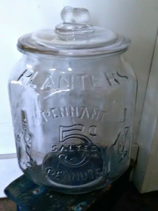 Vintage Planters Peanut Octagon Store Display Glass Jar Peanut Lid Pennant