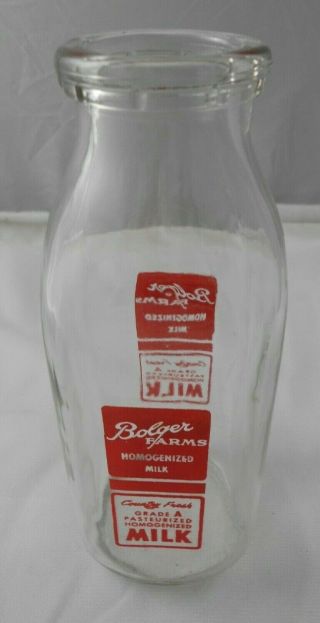 Vtg Bolger Farms Milk Chicago Illinois Il Dairy Bottle Pyro Pint Acl