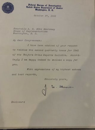 J.  Edgar Hoover Signed 1941 Letter Great Buy It Now Price