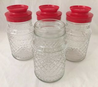 4 Maxwell House Coffee Glass Jar Anchor Hocking Canister 3 Red Lid Vintage 1970s