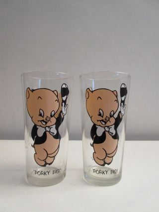 (2) Vintage 1973 Pepsi Looney Tunes Warner Bros Porky Pig 12 oz Drinking Glasses 2