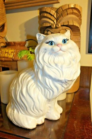 Vintage White Persian Cat W Blue Eyes Sculpture Life Size Cat Statue 14 " Tall