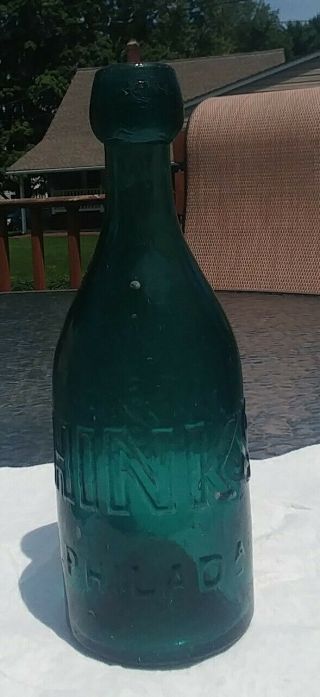 Hinkson & Co.  Philadelphia Pontil Teal Soda,  Beer Or Mineral Water Bottle